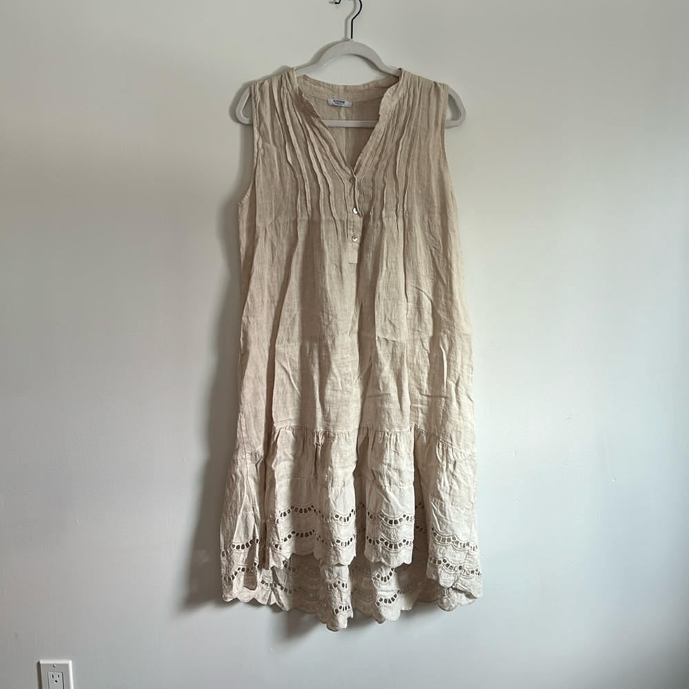 100% Linen made in Italy high low shift dress with scalloped eyelet hem